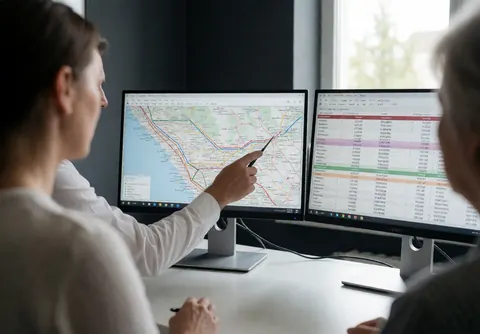 A travel agency professional indicates flight routes and pricing details displayed across two computer screens in an office setting.