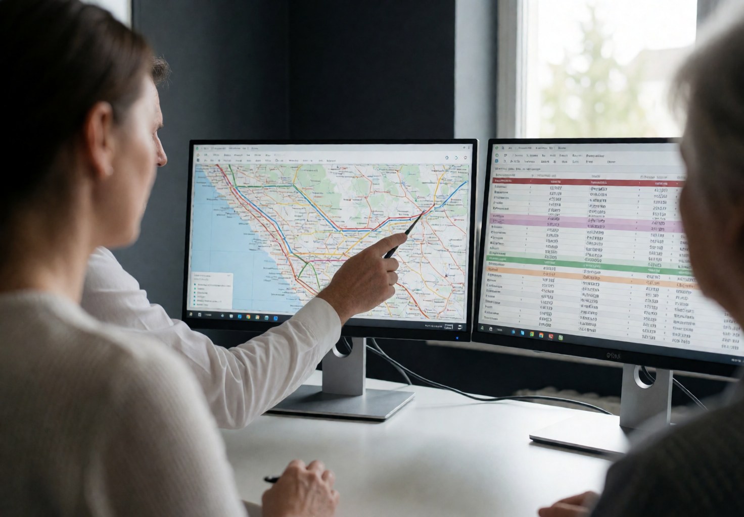 A travel agency professional indicates flight routes and pricing details displayed across two computer screens in an office setting.