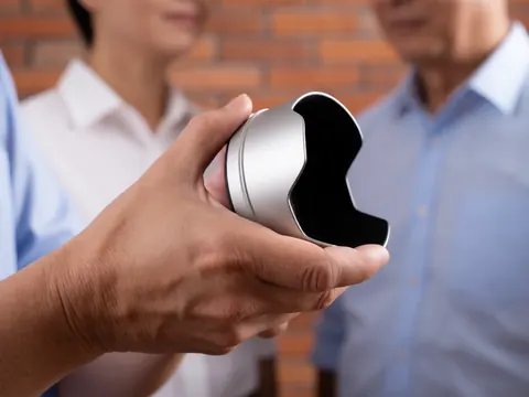 Close-up of a hand gripping a metal camera lens with a blurred brick wall background and soft lighting.