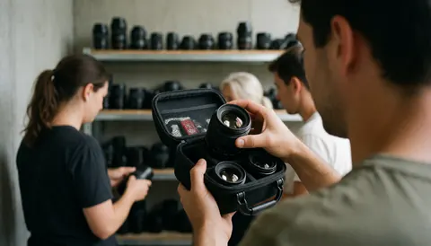 Photographer choosing a lens in a professional studio with equipment shelves and concrete walls.