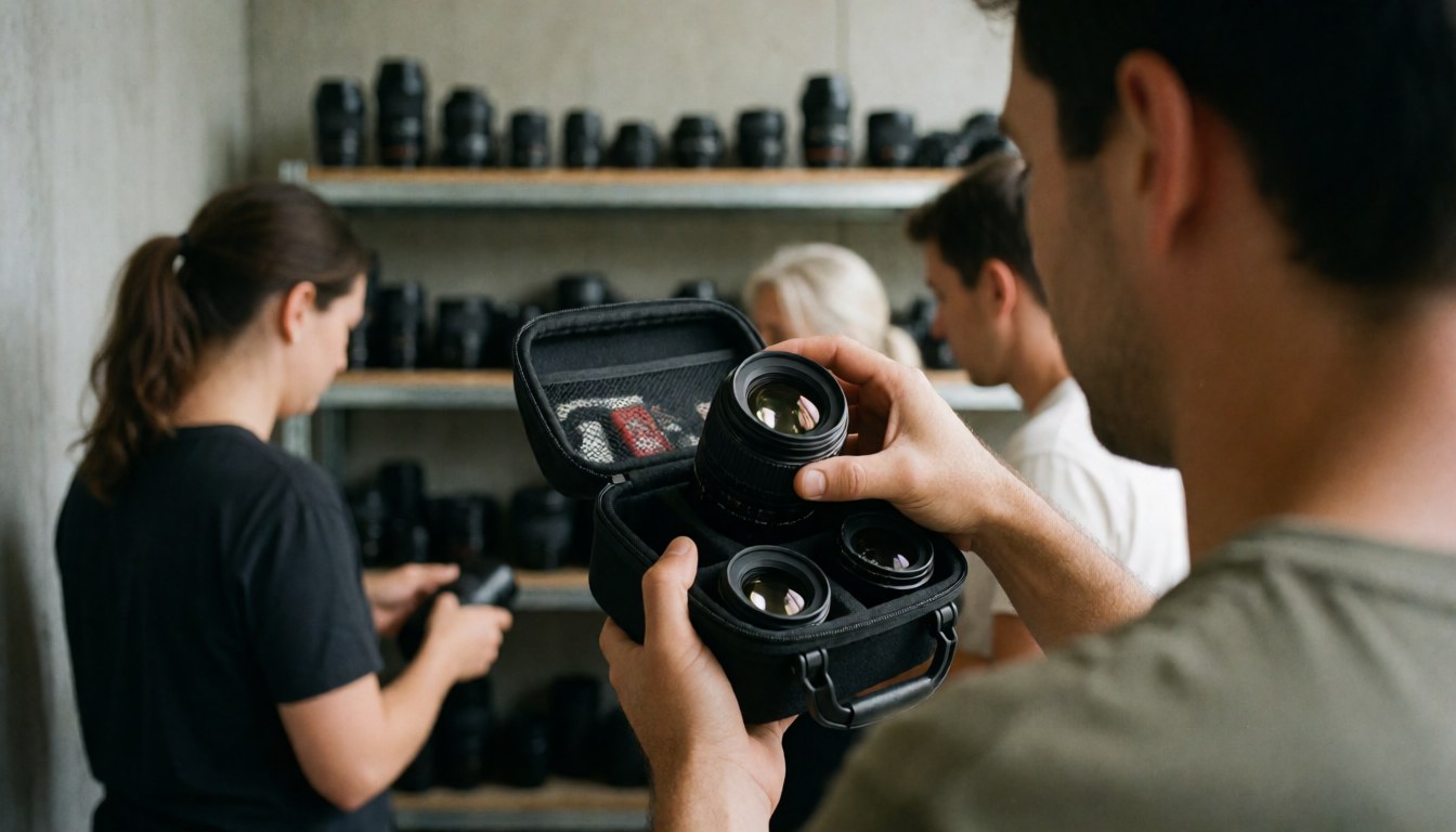 Photographer choosing a lens in a professional studio with equipment shelves and concrete walls.