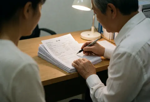 A travel agent reviews DS-160 visa application forms under a desk lamp on a wooden table.