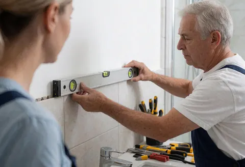 A bathroom installer adjusts ceramic tiles with a level while tools and a faucet are visible on the counter during service work.
