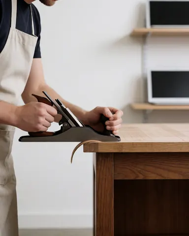 A craftsman wearing an apron sands the edge of a wooden table in a workshop setting with white walls and shelves.