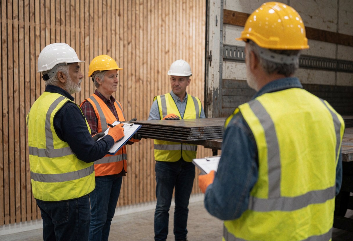 Four workers wearing helmets and vests inspect metal plates in a warehouse with wooden walls.