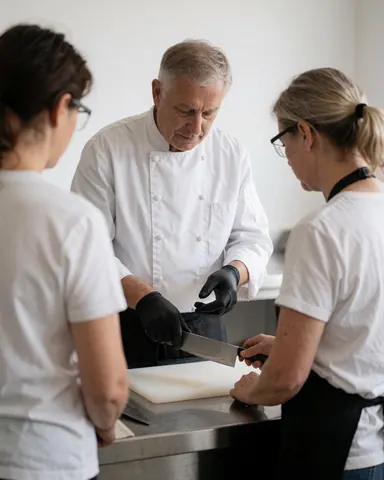 A chef wearing black gloves demonstrates proper knife handling techniques to two students on a white cutting board in a professional kitchen setting.