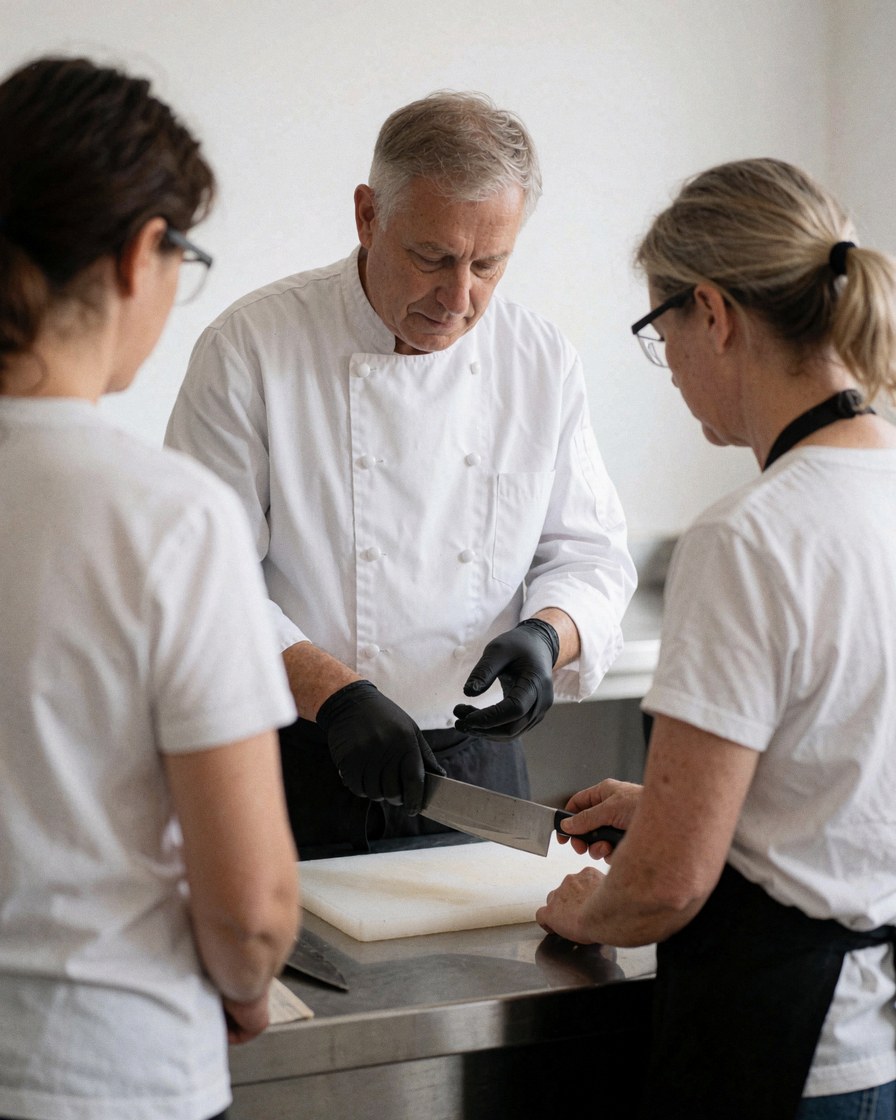A chef wearing black gloves demonstrates proper knife handling techniques to two students on a white cutting board in a professional kitchen setting.