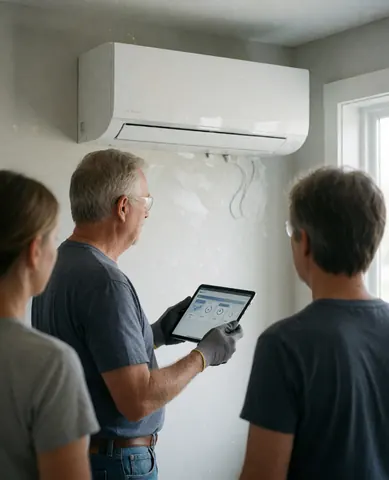 Technician in gloves checks white wall-mounted air conditioner while clients observe the service inspection process.