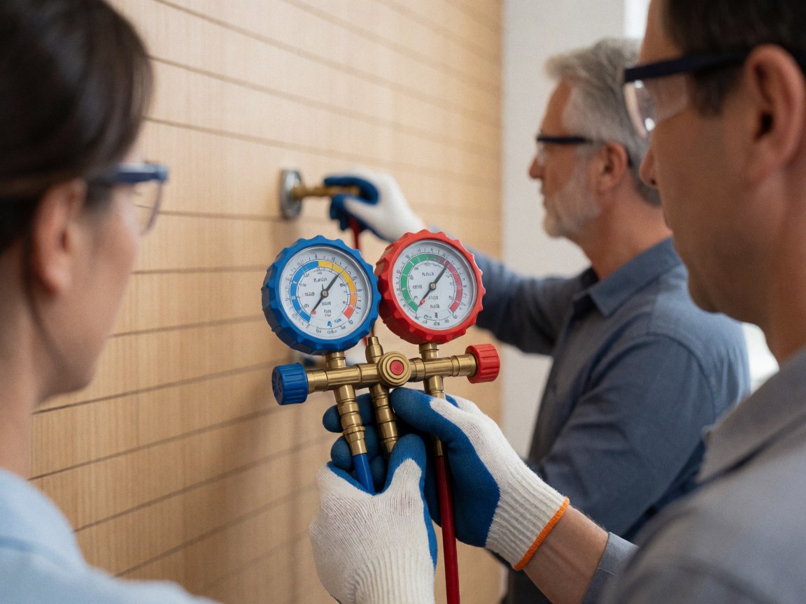 Technician wearing safety gear adjusts a manometer on an air conditioning connection against a wooden wall