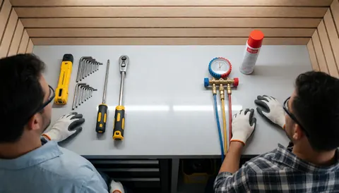 Technician wearing gloves and safety glasses working with air conditioning tools and a digital manifold gauge on a workbench in a repair shop.
