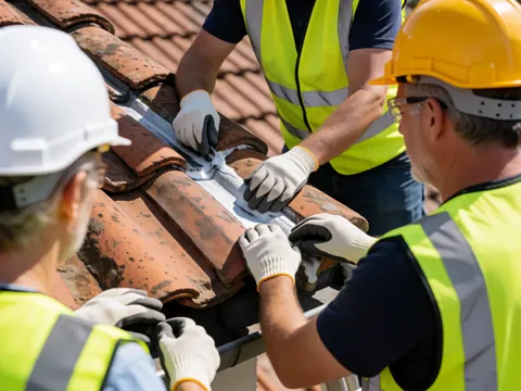 Three workers wearing helmets and vests apply white sealant to a clay tile roof under bright sunlight.