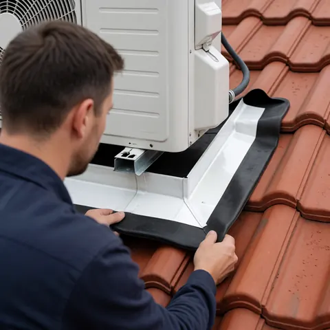 Technician installing a black and white rubber mat around an air conditioning condenser on a red tile roof to prevent leaks.