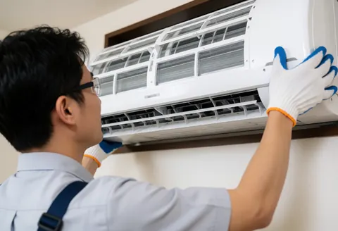 A professional HVAC technician wearing safety gear installs a white window air conditioning unit in a home.