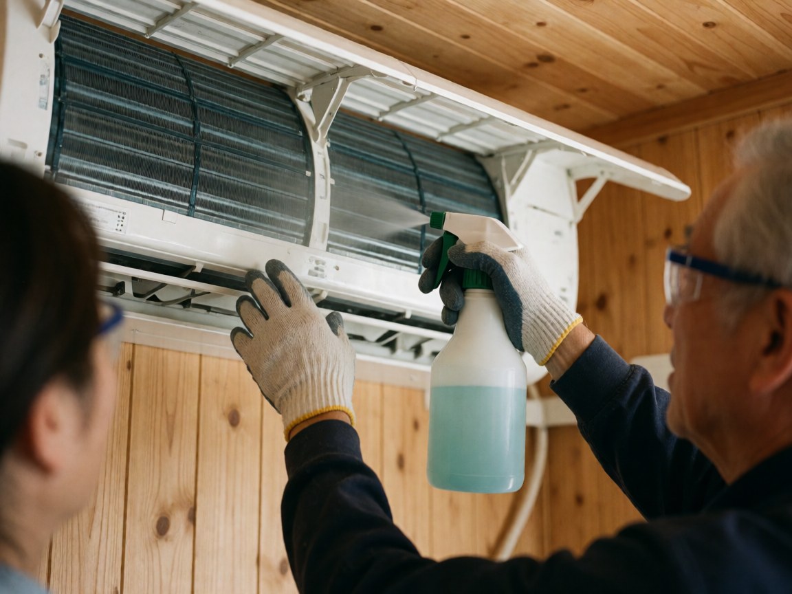 Technician wearing gloves and safety glasses cleans air conditioning coils with a spray bottle against a wooden wall background.