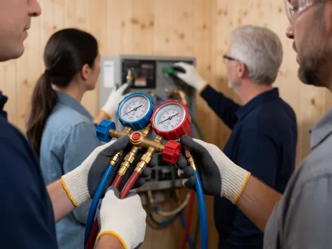 Close-up of hands wearing protective gloves holding an HVAC pressure gauge with hoses connected against a wooden background.