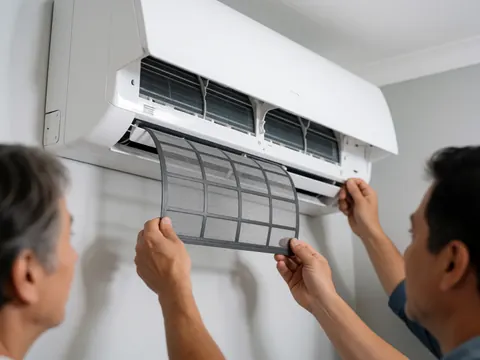 Close-up view of hands pulling out a dirty air filter from an indoor HVAC unit during maintenance service.