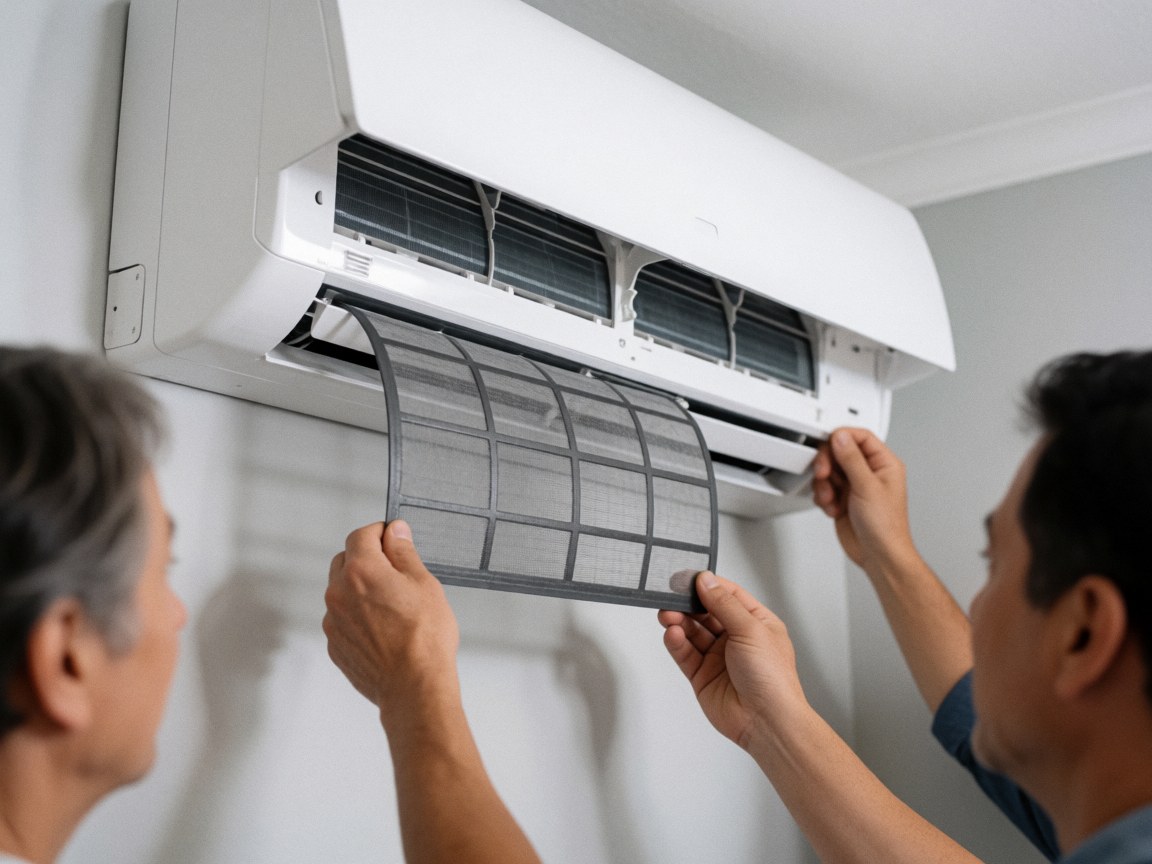 Close-up view of hands pulling out a dirty air filter from an indoor HVAC unit during maintenance service.