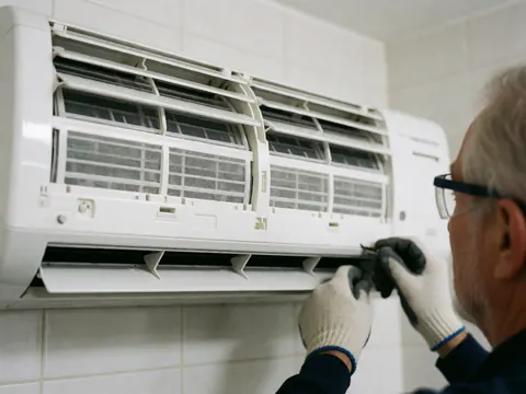 Technician wearing gloves and safety glasses replacing the filter on a white wall-mounted air conditioning unit.