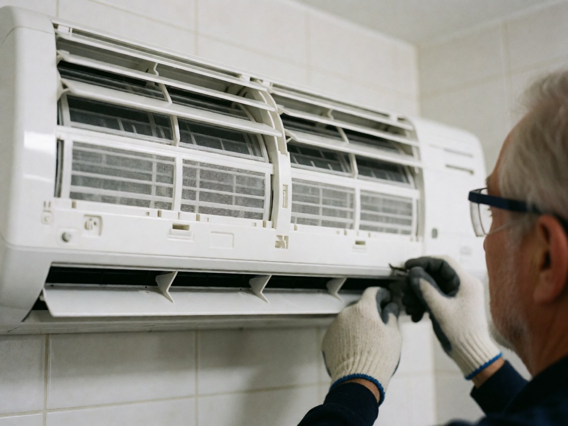 Technician wearing gloves and safety glasses replacing the filter on a white wall-mounted air conditioning unit.
