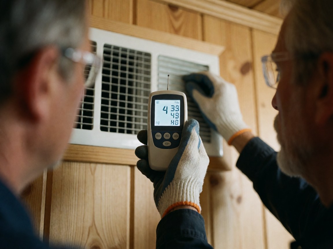 Technician wearing gloves and safety glasses uses a digital thermometer to measure air conditioner fan temperature against a light wood wall during service.