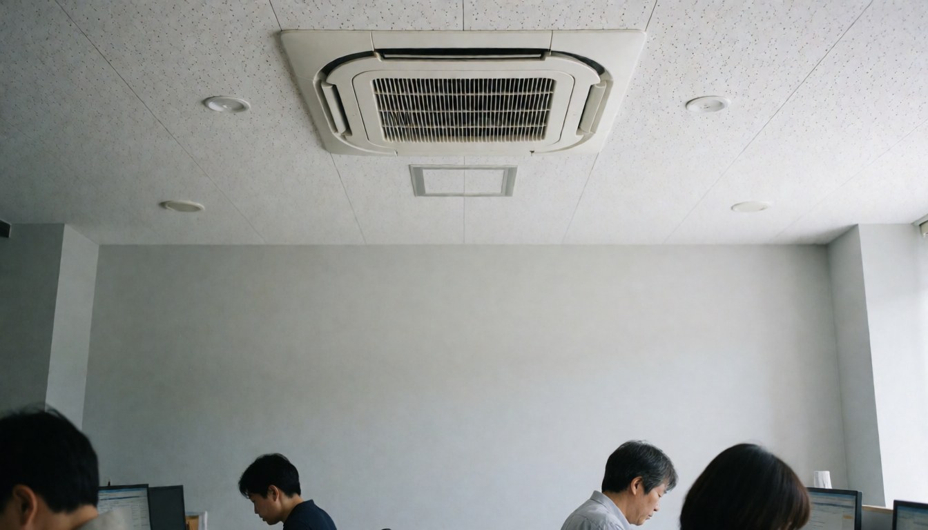 Modern office ceiling with cassette air conditioner, people working at computers, gray walls, natural light.