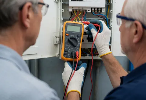 Technician wearing protective gear measures voltage in an open electrical panel during HVAC service work