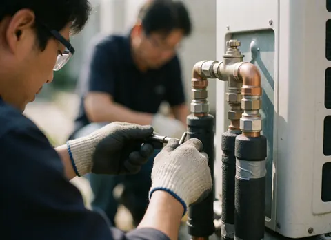 Technician wearing gloves and safety glasses adjusts insulated copper tubing on an outdoor air conditioning unit with visible metal connections.