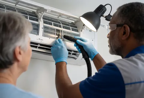 A professional HVAC technician wearing safety glasses and gloves uses a work light to clean an air conditioning filter while a client observes the service.
