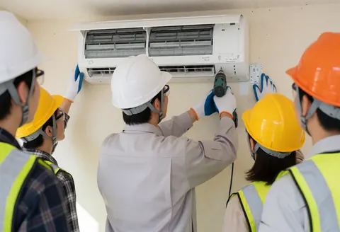 HVAC technician wearing safety helmet and gloves uses a power drill to mount a white air conditioning unit on a beige exterior wall.