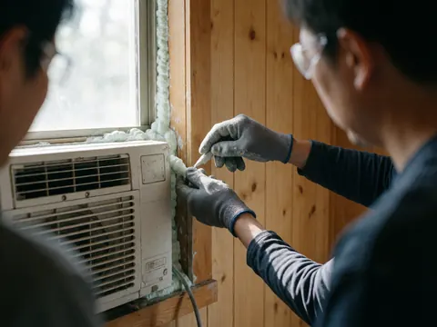 HVAC technician wearing safety gear applies expanding foam sealant to the wooden frame of an air conditioning unit during installation work.