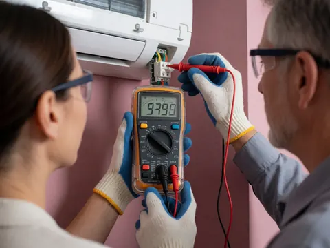 Technician wearing safety gear measures electrical voltage on an air conditioning unit terminal using a digital multimeter against a pink wall.