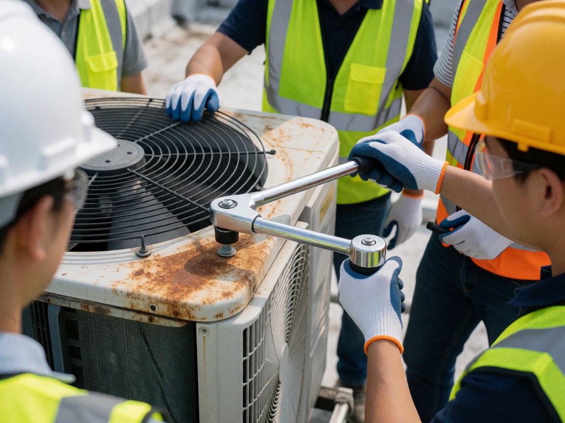 Technician in safety gear using a torque wrench to adjust a screw on an outdoor air conditioning unit while colleagues observe.