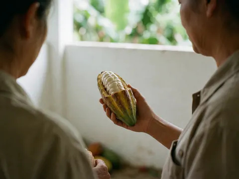 Close-up of a hand holding an opened cacao pod revealing fresh beans covered in white mucilage against a blurred green background.