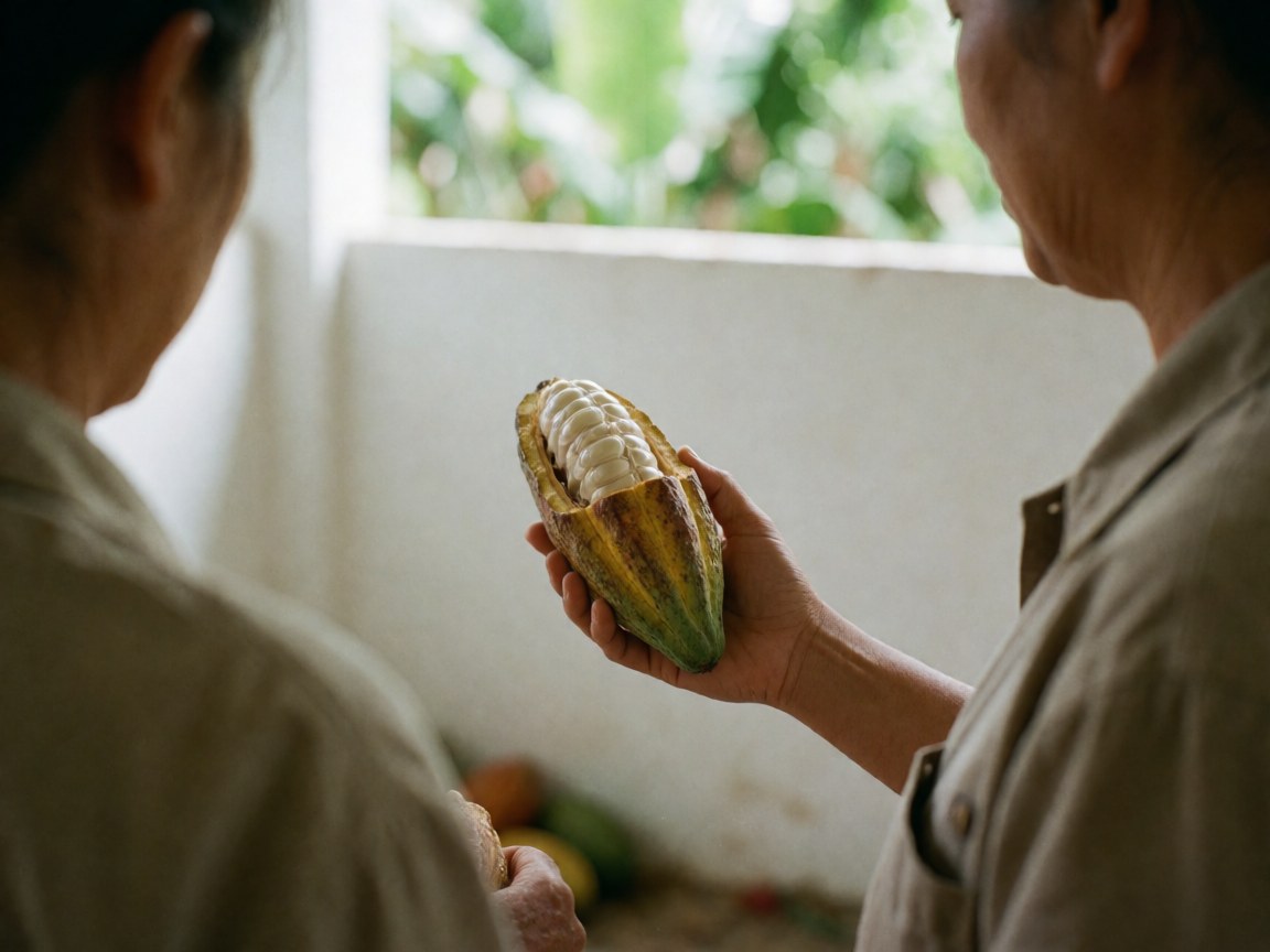 Close-up of a hand holding an opened cacao pod revealing fresh beans covered in white mucilage against a blurred green background.