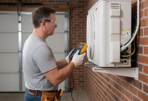 Technician wearing safety glasses and gloves checks air conditioning unit with a multimeter during repair service.