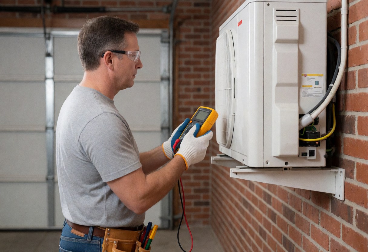 Technician wearing safety glasses and gloves checks air conditioning unit with a multimeter during repair service.