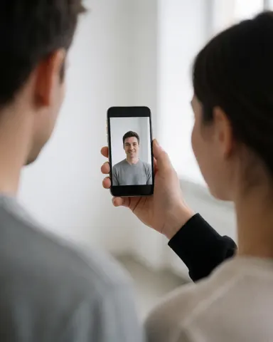 Photographer in studio shows photo on cell phone to client, white background, black sleeve, rear view.