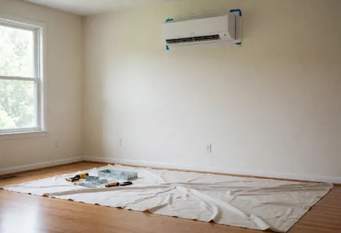 Air conditioning unit mounted on white wall with tools and protective cloth on wooden floor under natural light