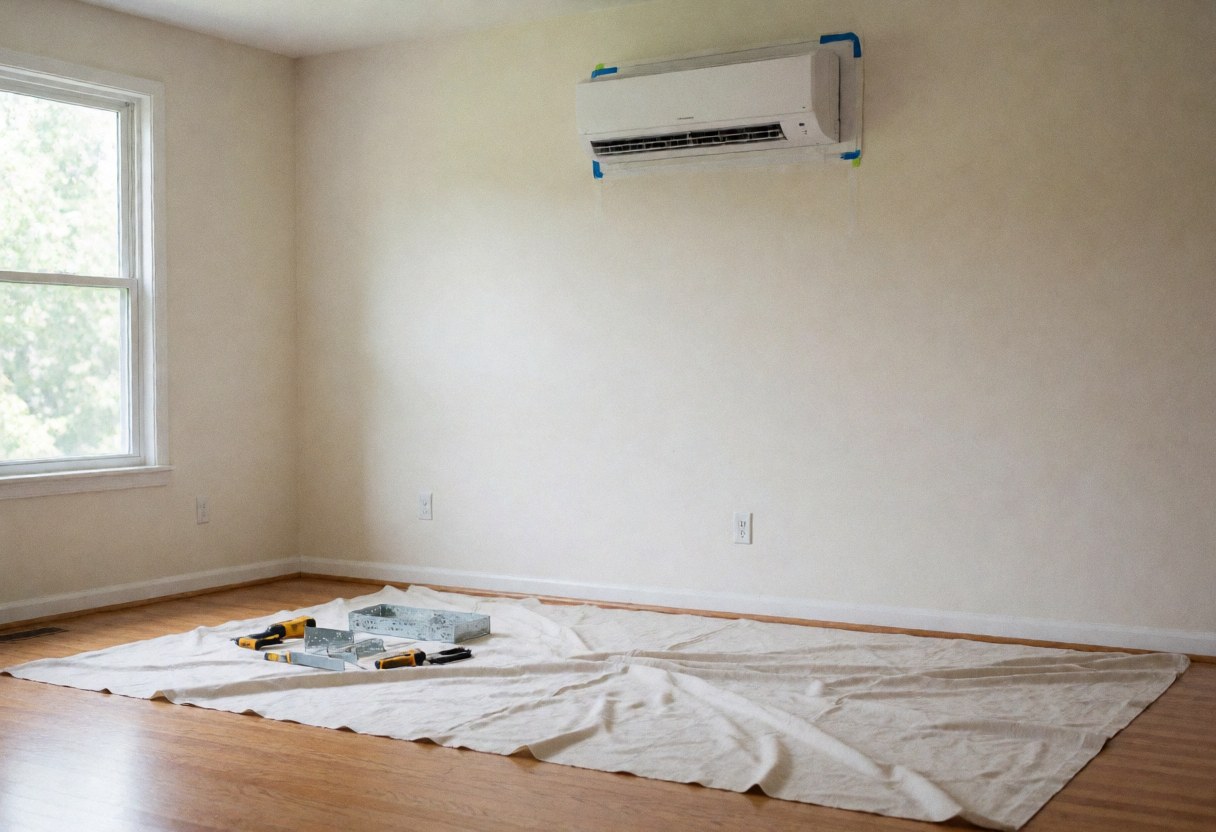 Air conditioning unit mounted on white wall with tools and protective cloth on wooden floor under natural light
