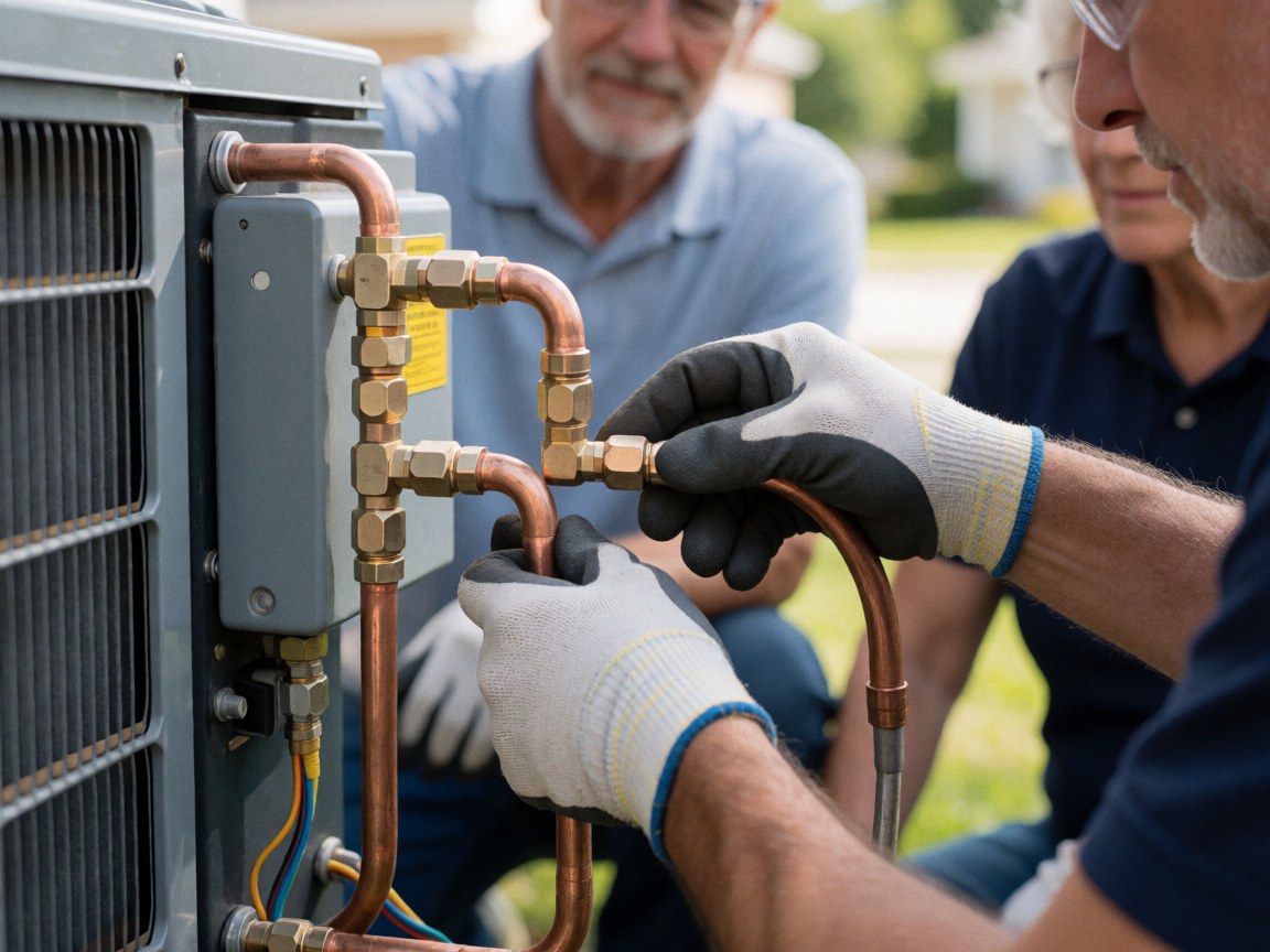 Technicians wearing gloves and safety glasses connect copper pipes to an air conditioning compressor outdoors with visible electrical cables.