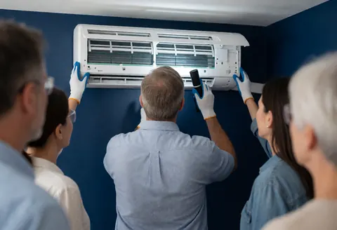 HVAC technician wearing safety gear inspects an open air conditioning unit mounted on a dark blue wall while clients observe the maintenance service.