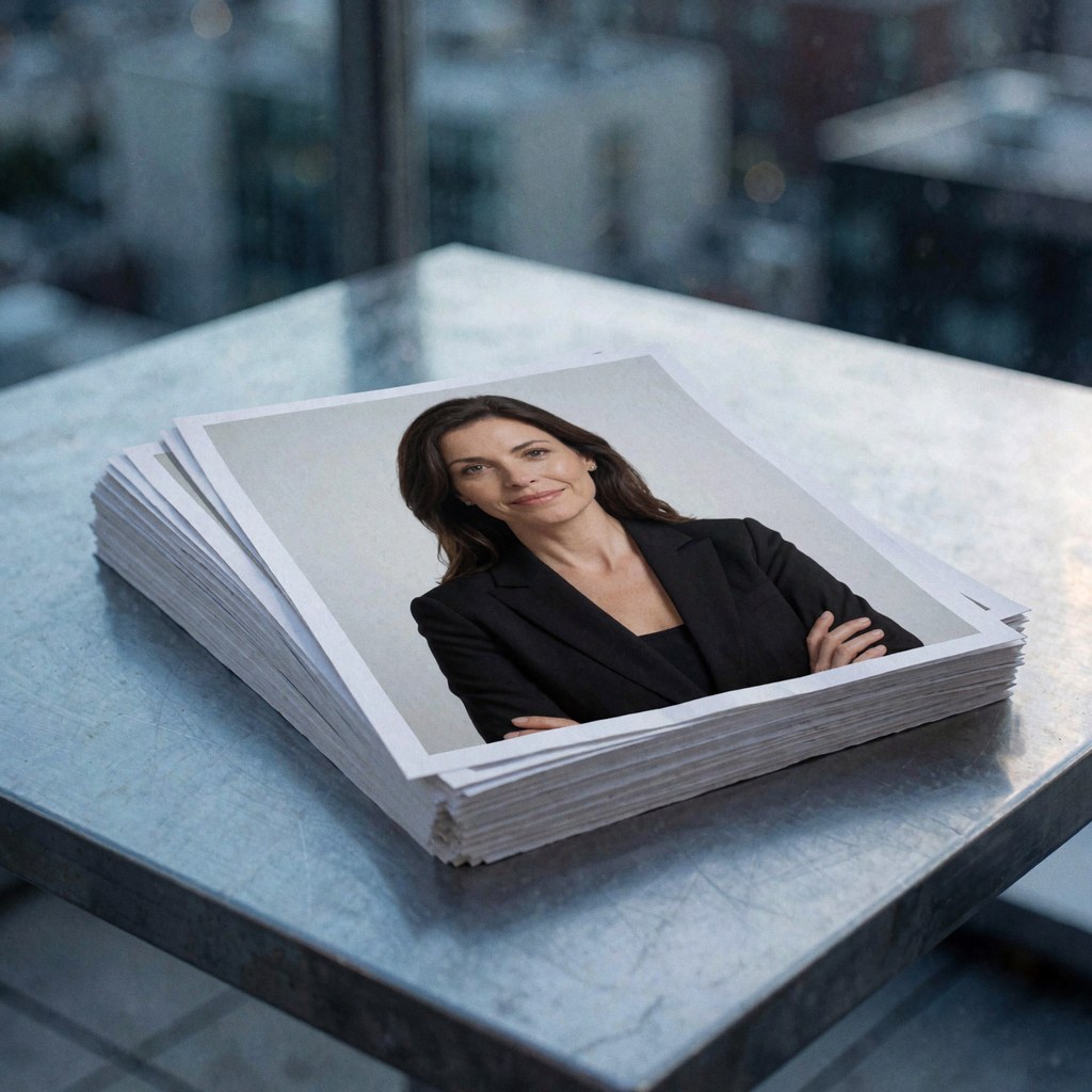 Stack of printed photos of a businesswoman in a black blazer on a metal table with a blurred urban background.