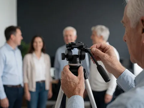Close-up of hands adjusting a professional tripod head for team photos in an office with gray walls and a blurred background.