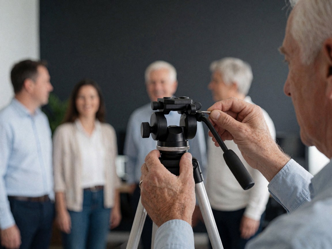 Close-up of hands adjusting a professional tripod head for team photos in an office with gray walls and a blurred background.