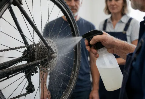 A bike mechanic sprays a cleaning solution onto a dirty bicycle chain while two people watch in the background.