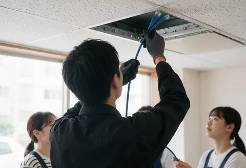 A technician installs a blue ethernet cable into a ceiling panel while colleagues observe in a modern office setting.