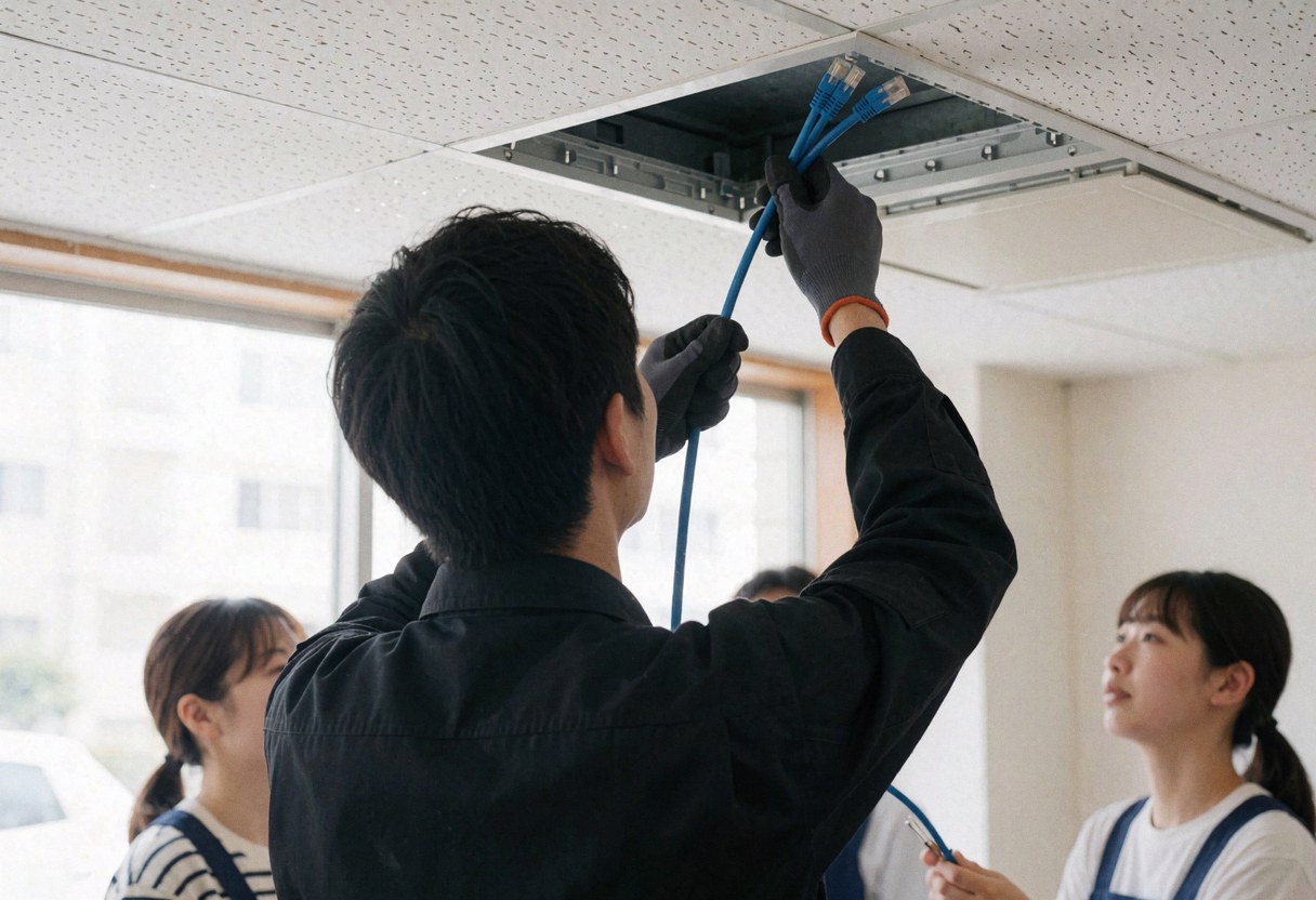 A technician installs a blue ethernet cable into a ceiling panel while colleagues observe in a modern office setting.