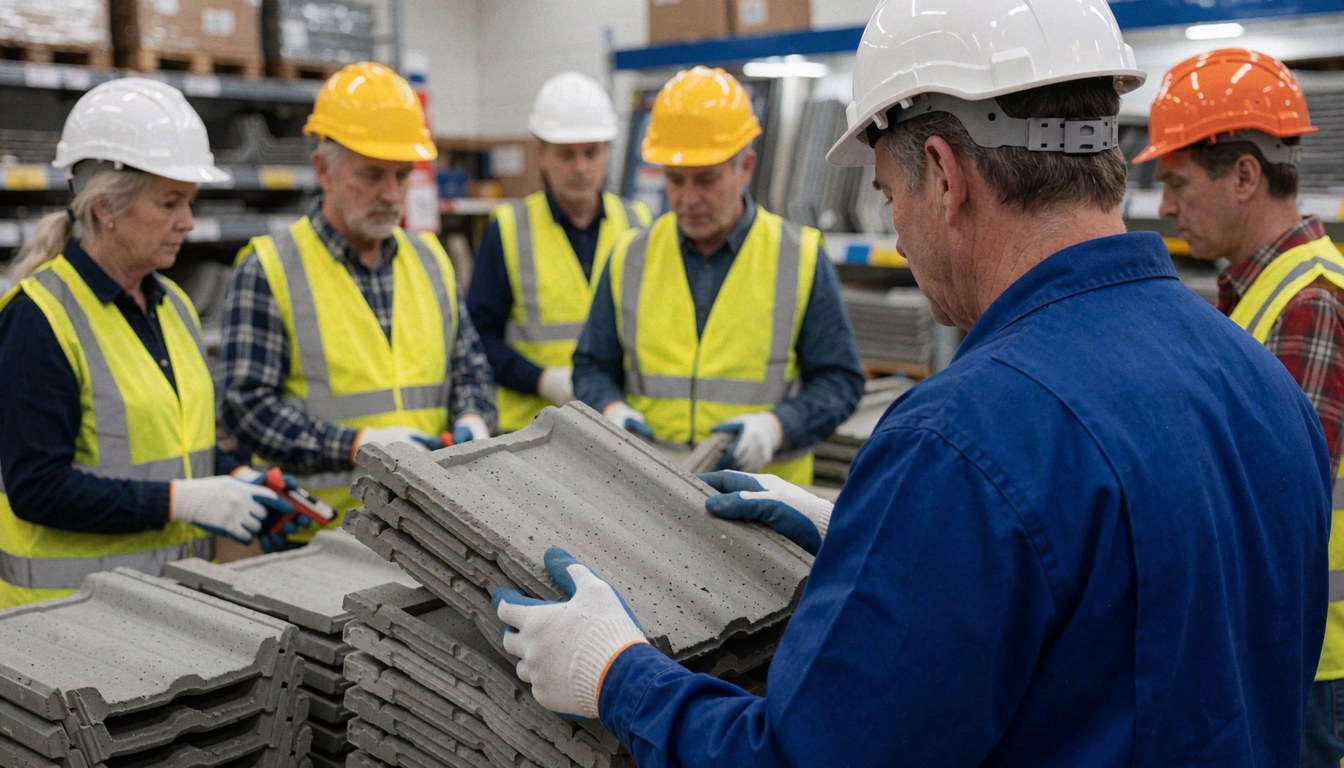 Team of workers checking concrete roofing materials in an industrial warehouse while wearing safety helmets and reflective vests.