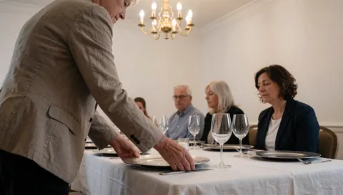 Party coordinator adjusts a dinner plate on a white tablecloth with wine glasses and seated guests in an elegant room.