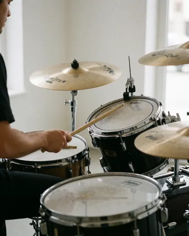 A person playing percussion drums in a white-walled studio with natural light, suitable for a music academy service in action